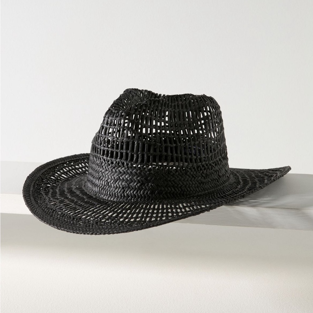 Anthropologie Wyeth Geo Open Weave rancher Stylish Black Woven Hat - Picture 5 of 7